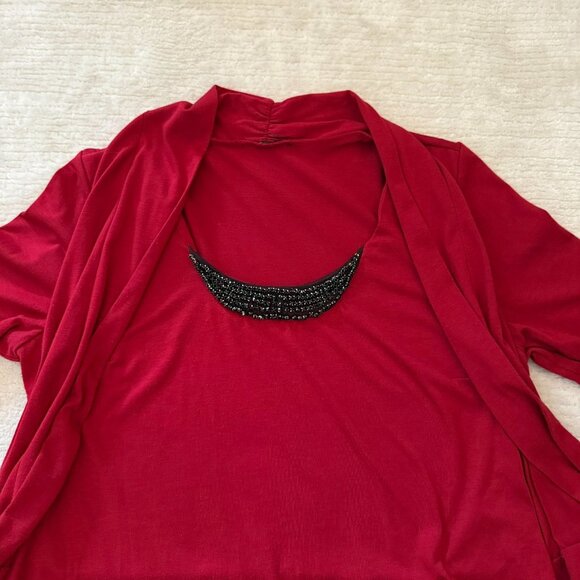 Red Womens Size XL Twofer Open Front Cardigan Top Black Beaded Neckline - Picture 7 of 7